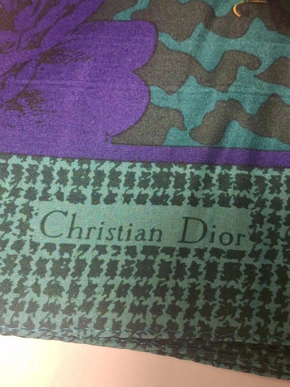 Dior Green and Purple Silk Houndstooth Scarf
